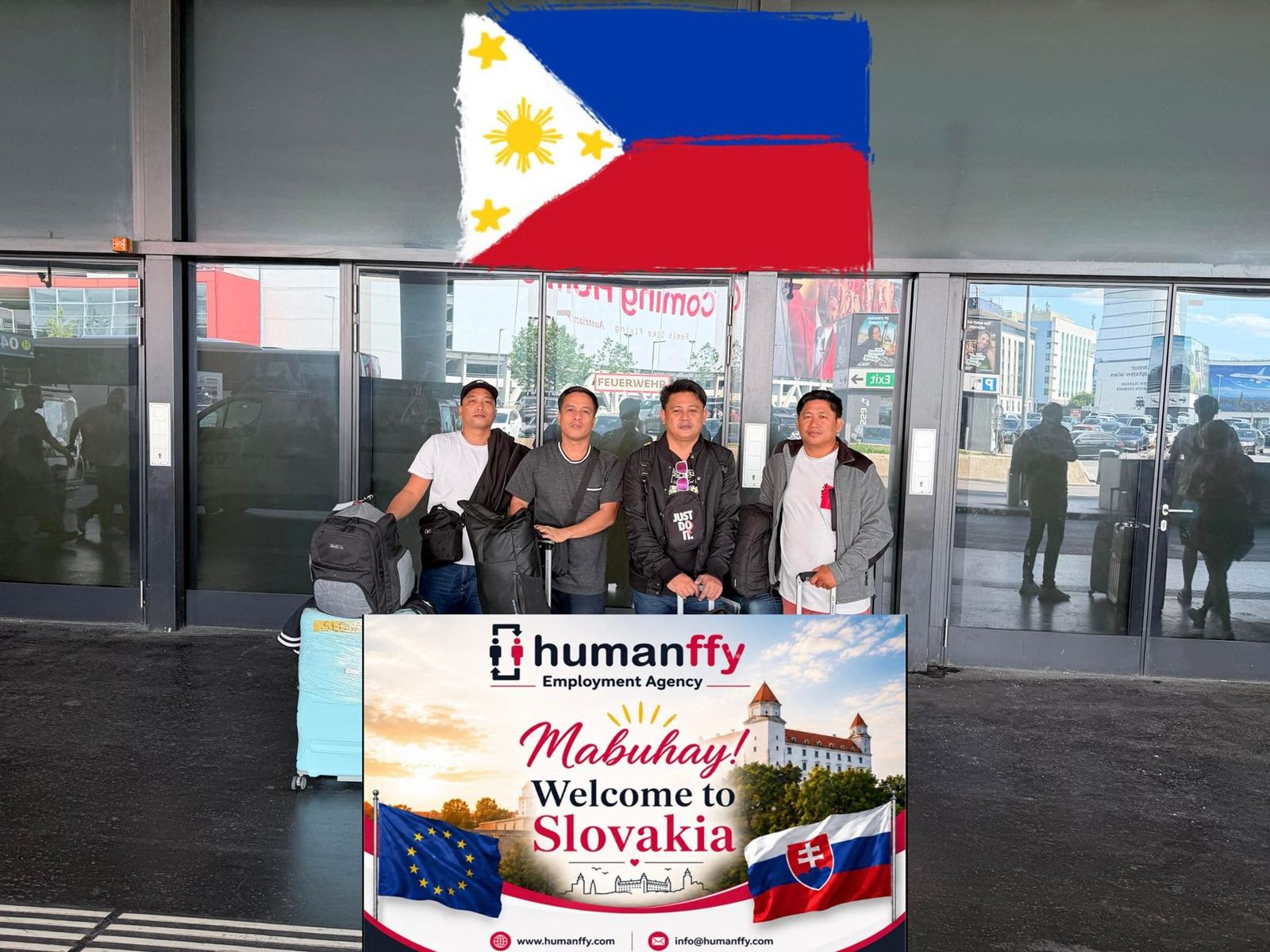 Kandidáti z Filipín s uvítacou tabuľou Humanffy